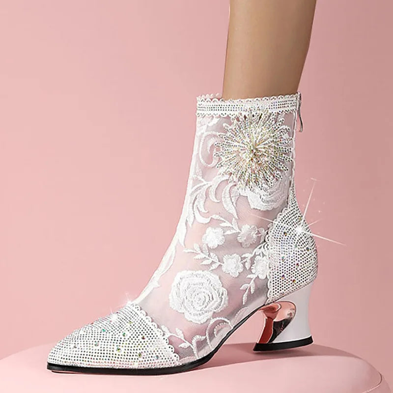 Luxury Crystal Pointed Toe Fashion Boots Women Thick Heel Zipper Ladies Party Shoes Black White Lace Mesh Sexy Female Ankle Boot