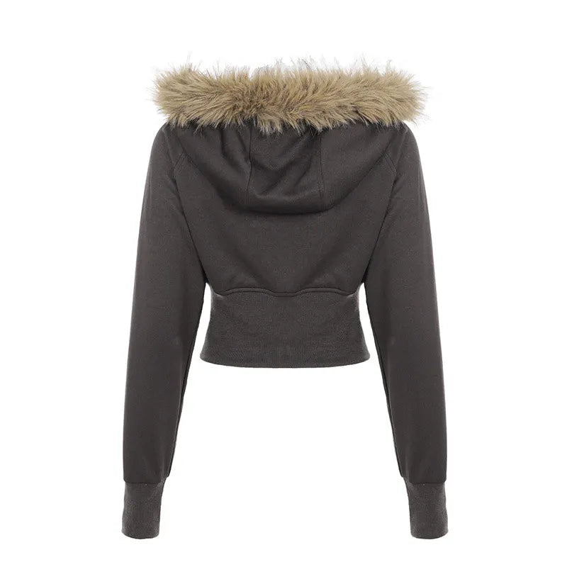 Fashion Solid Feather Hooded Short Jacket Women Zipper Pockets Full Sleeve Waist-closed Coat 2025 Autumn Lady New Street Outwear