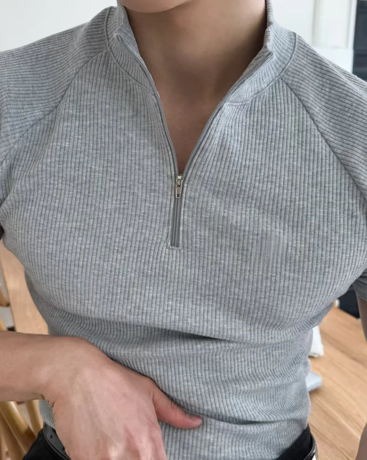 Summer New Men's Sportswear Casual Running And Fitness Stretch Solid Color Zipper Simple Striped Thick Short-sleeved T-shirt