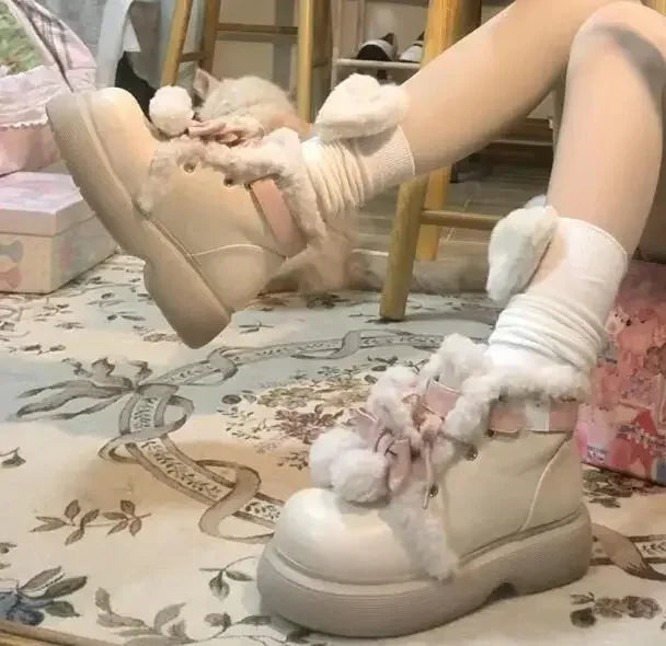 Cute Girls Beige Warming Fur Cross Tied Lace Up Ankle Boots Women Fashion Round Toe Flat Winter Snow Boots Shoes Lady