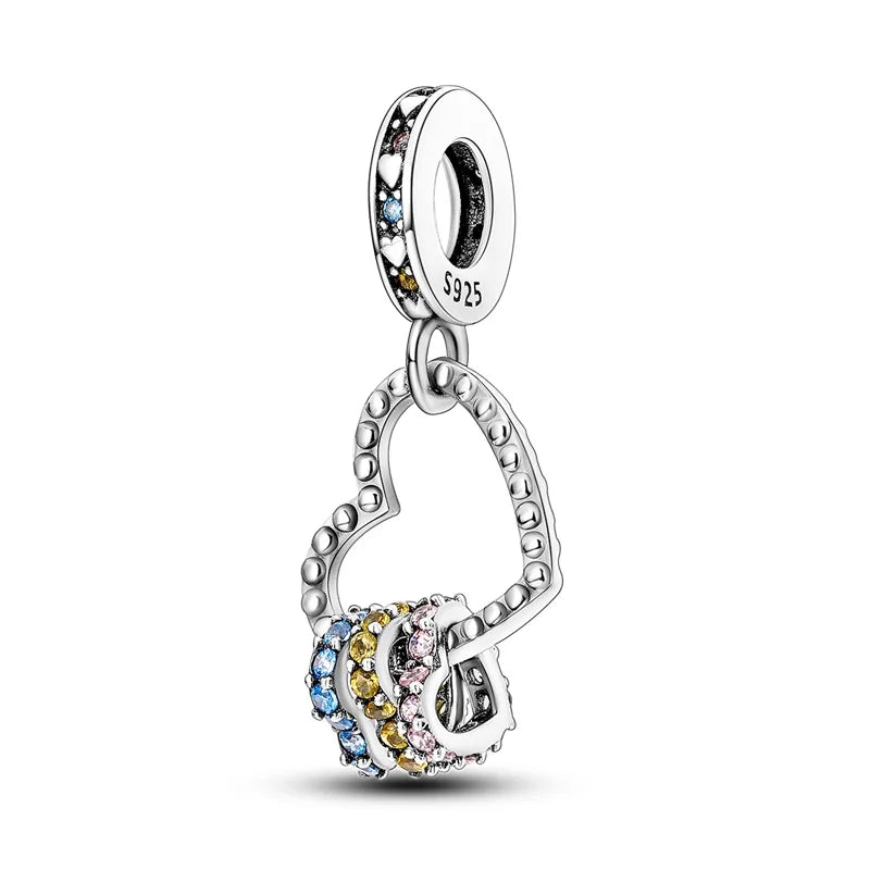 Original 925 Sterling Silver Love Heart Family Charm Beads Pendant Fit Bracelet Charm Women DIY Jewelry Gift