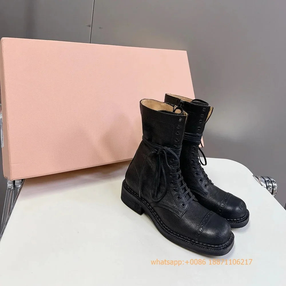 Genuine Leather Ladies Knight Boots 2025 Autumn Belt Buckle Model Catwalk Casual Long Boots Black/brown Thick Heel Casual Boots
