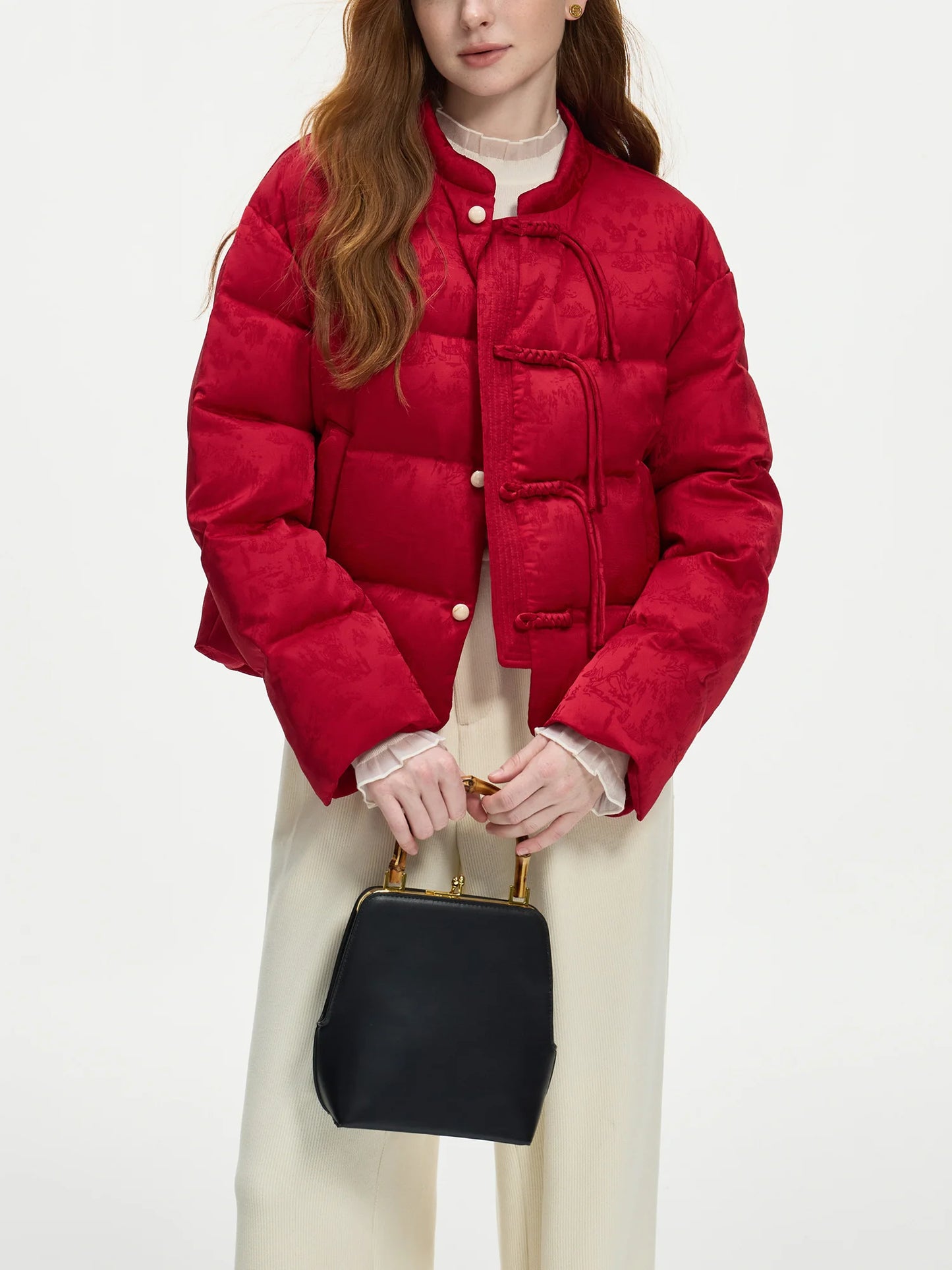 FSLE 115.2G Filling Amount Stand-up Collar New Chinese Style Down Coat For Women 2024 New Jacquard Warm Casual Jacket 24FS14068