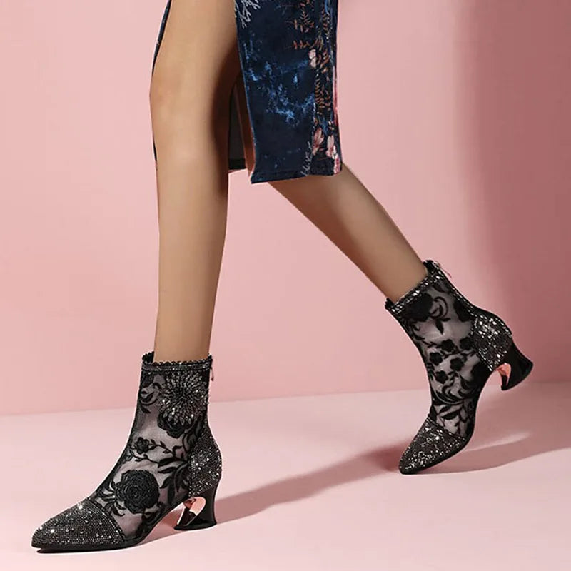 Luxury Crystal Pointed Toe Fashion Boots Women Thick Heel Zipper Ladies Party Shoes Black White Lace Mesh Sexy Female Ankle Boot