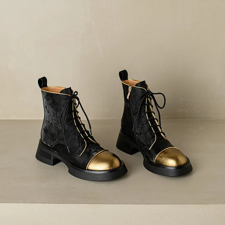 NEW Autumn Women Boots Genuine Leather Shoes for Women Round Toe Chunky Heel Shoes Lace-up Platform Boots Black Ankle Boots