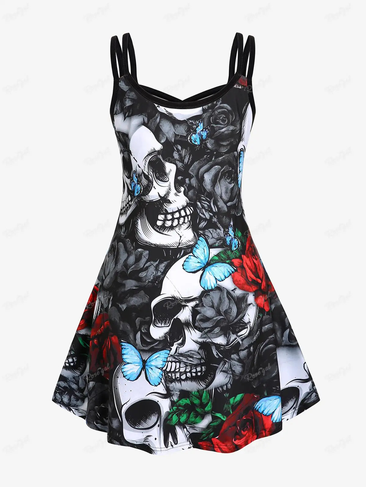 ROSEGAL Halloween 3D Printed Dresses Plus Size Crisscross Skull Print Dress Summer Casual Sleeveless Vestidos 5XL