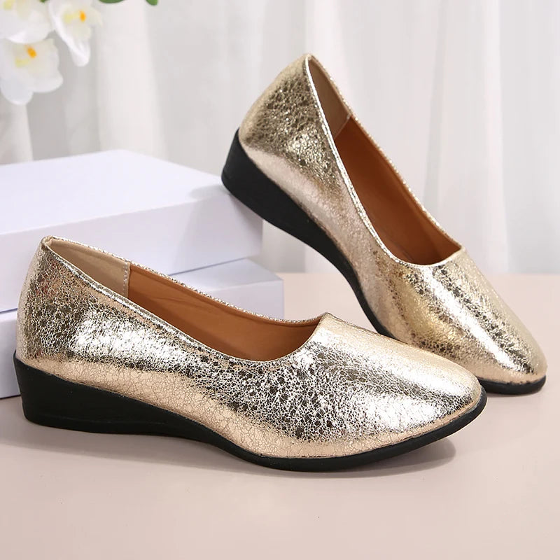 Fashion Wedges Gold Loafers Women Spring Autumn Plus Size Slip On Casual Shoes Woman Comfortable Non Slip Soft Sole Flats Ladies