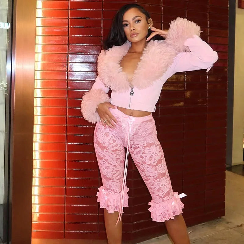 CM.YAYA Women Fashion Sexy Party Clubwear Lace Floral See Though Cascading Ruffles Hem Flare Lace Up Pants Capris 2025 Trousers