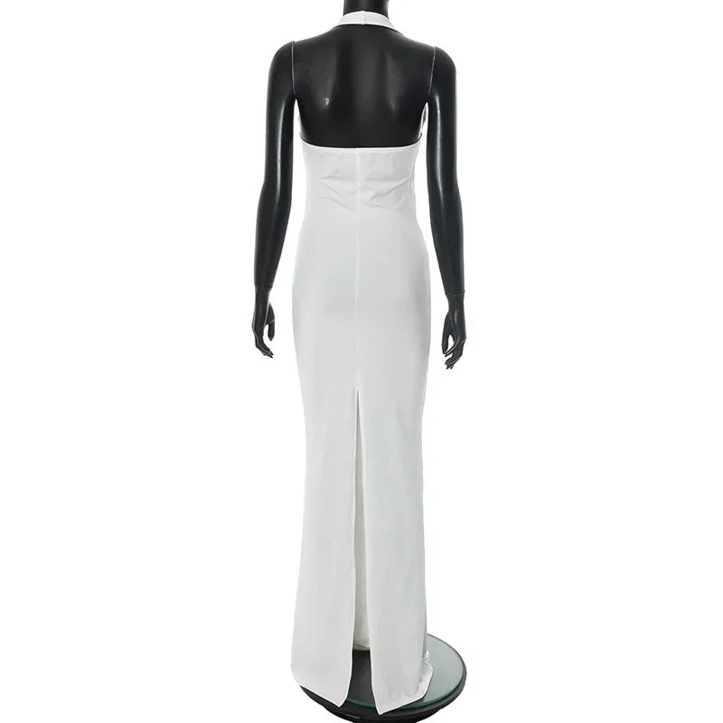 Chaxiao Halter Backless Ruched Sexy Maxi Dress Women Gown Fashion Sleeveless Backless Draped Bodycon Club Party Long Dresses