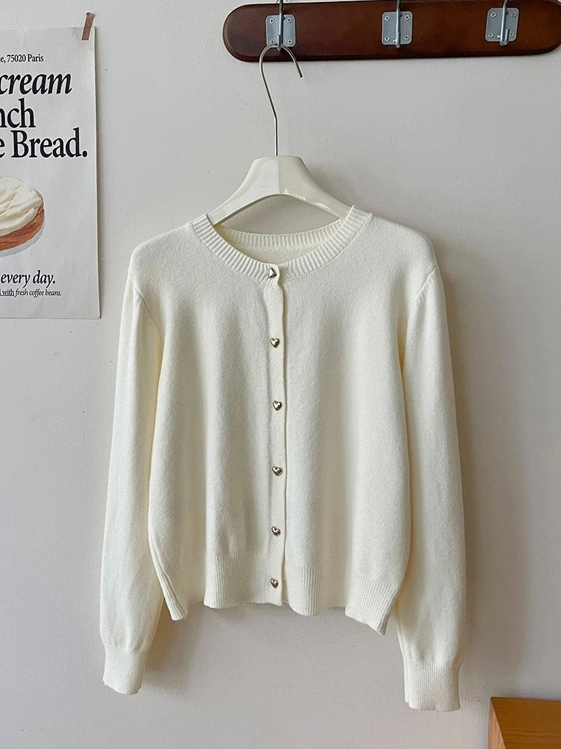 Autumn Winter 2025 New Women's Retro Love Small Gold Buckle Cardigan Female Casual Solid Long Sleeve Slim Knitted Sweater