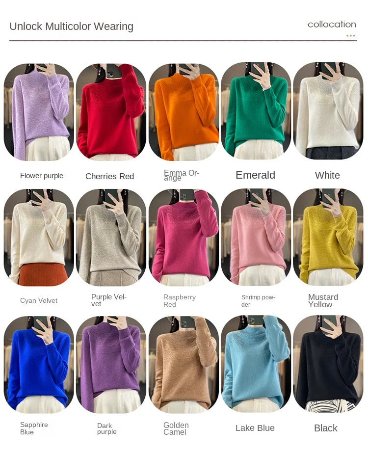 2024 New Line Of Garment Hollowed Out Half Height Women's High-grade Woolen Sweater 100% Pure Wool Multi-color Option WQ