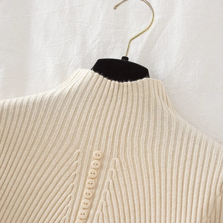 Women Turtleneck Pullovers Autumn Winter Jumper Knitted Basic Top Fashion Solid Color with Button Long Sleeve Ladies Sweater