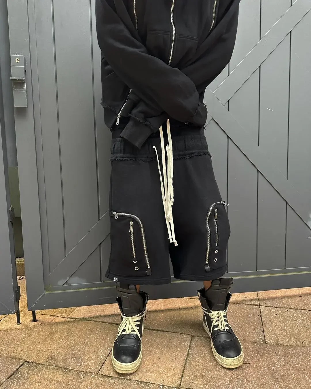 Black Hip Hop Men Zipper Hooded Sweatshirt Double-Waist Zipper Suit American Vintage Retro Fashion New Trend Streetwear