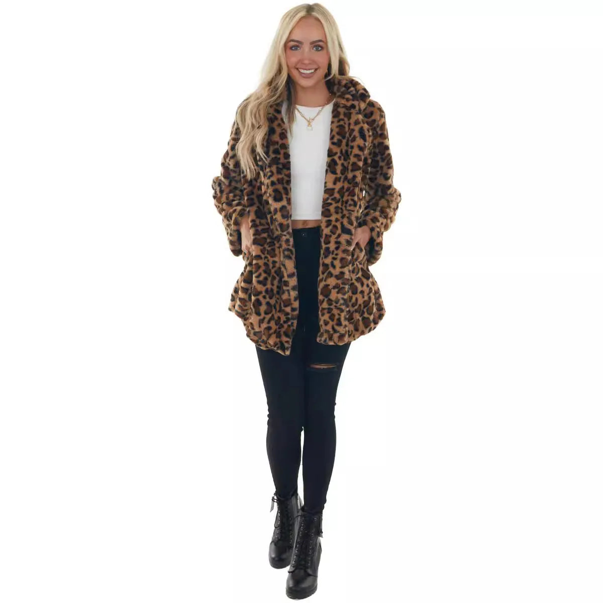 European and American autumn and winter leopard print women's clothing fashion temperament imitation fur women's clothing with p
