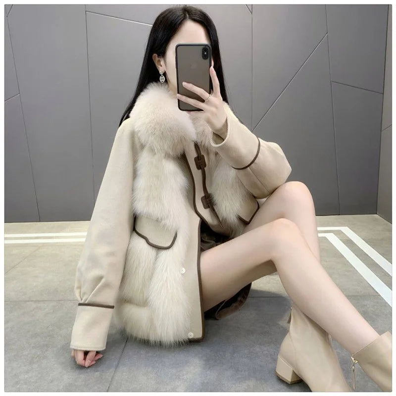 2023 New Autumn Winter with Fur Neighboring Fox Fur Grass Women's Coat Fashion Popular Down Cotton Coat Parker Coat Suede Trend