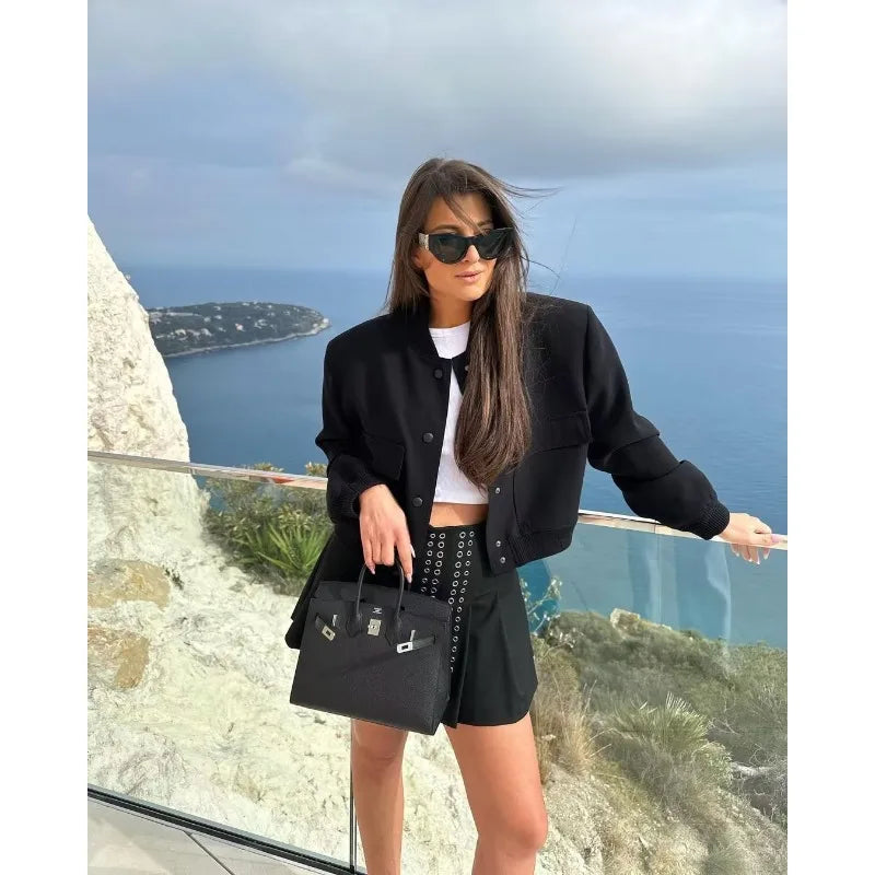 MUJER 2025 Woman Bomber Jacket White Autumn Winter Button Cropped Jackets for Women Fashion Long Sleeve Women Coats Outerwears