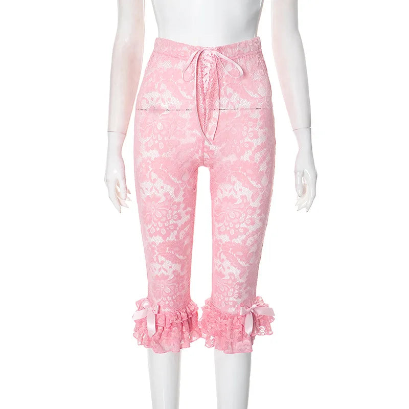 CM.YAYA Women Fashion Sexy Party Clubwear Lace Floral See Though Cascading Ruffles Hem Flare Lace Up Pants Capris 2025 Trousers