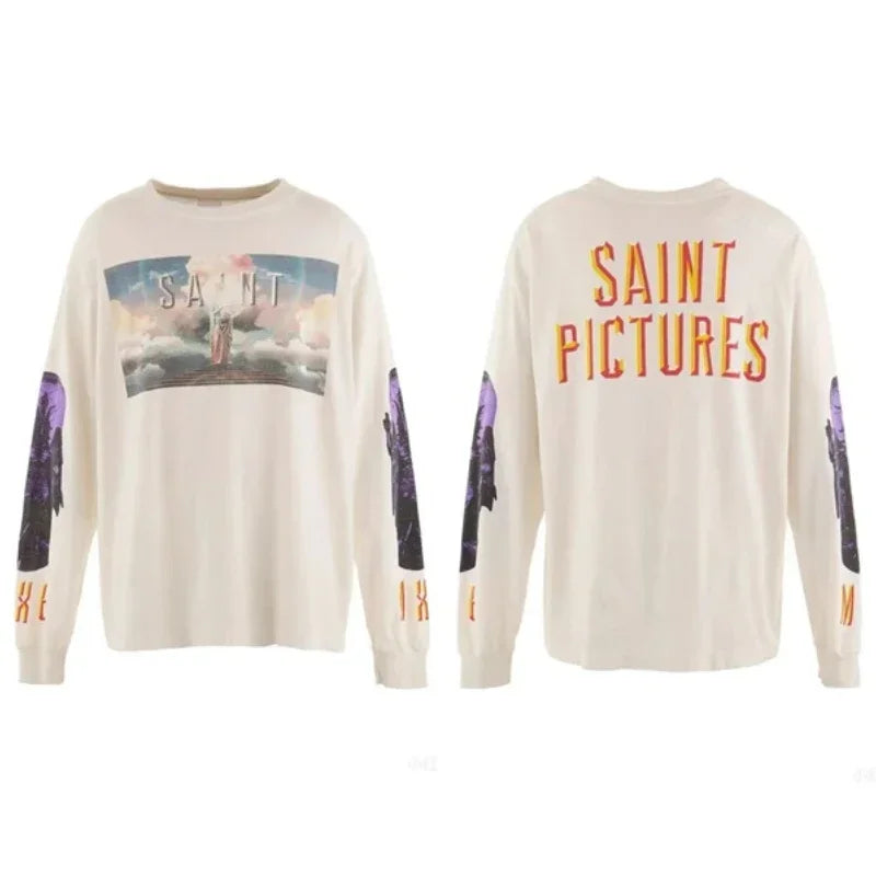25SS Pure Cotton Saint Michael Long Sleeved T Shirts Men Women 1:1 Washed Black Manga Character Print Hoodies