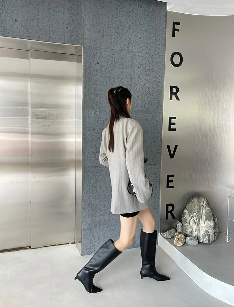 2025 Luxury Knee High Boots Women Wine Red Pointed Toe Kitten Heel Long Boots Wide Tube Bottes Santiags Femme Elegant Shoes