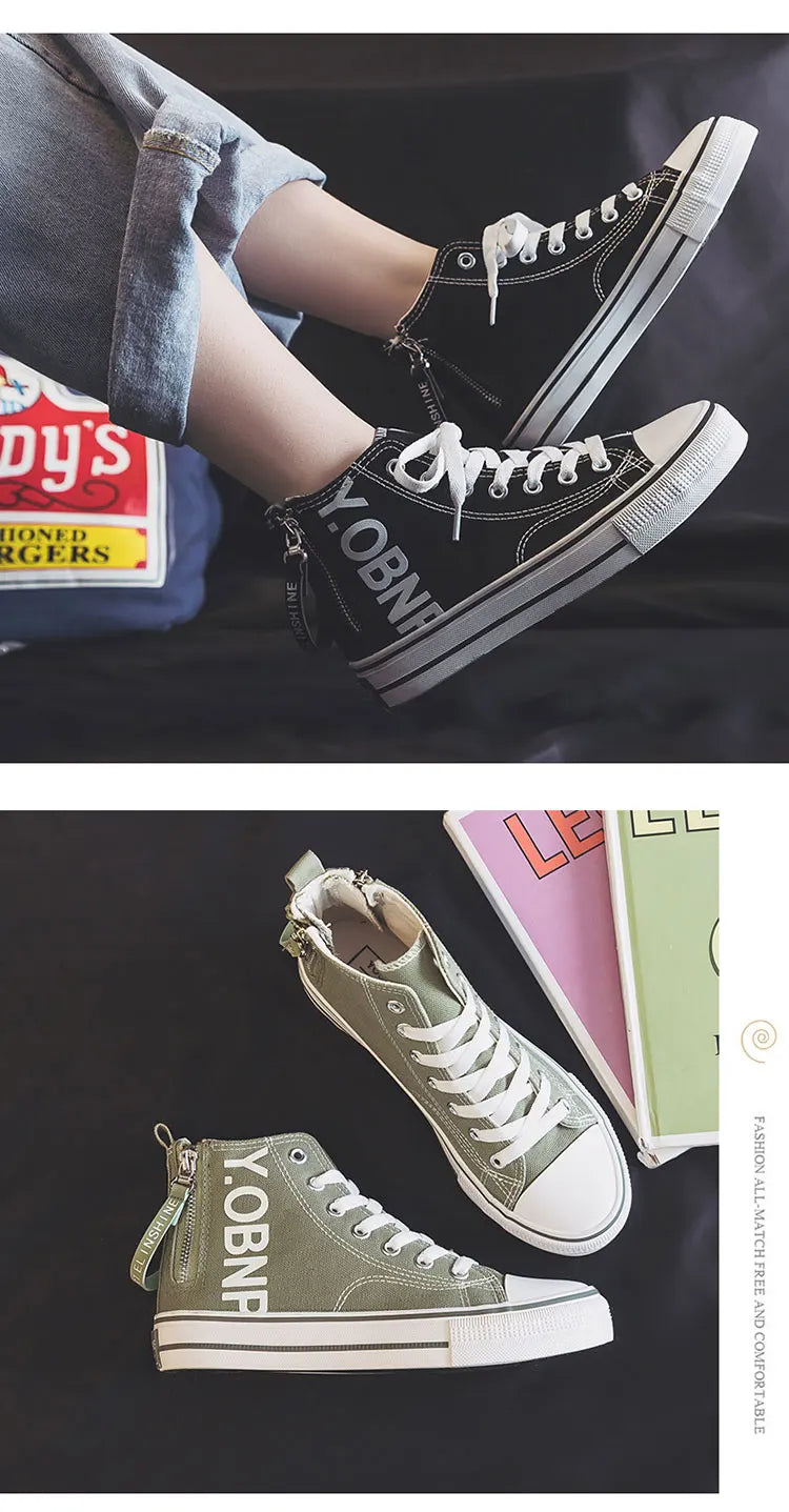 Fashion Purple Womens Canvas Shoes Spring and Autumn High Top Woman Shoes Zipper Breathable Canvas Sneakers Women Vulcanize Shoe