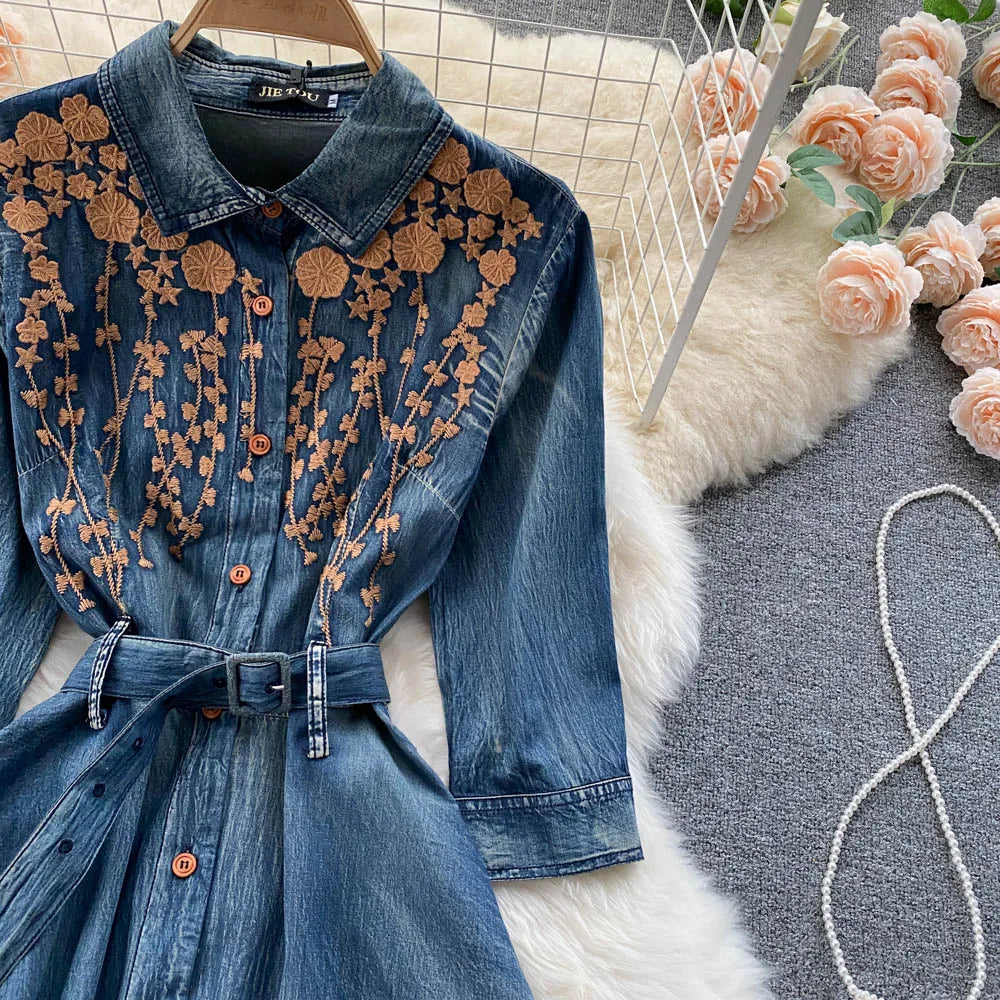 AYUALIN Denim Long Dress for Women Ethnic Floral Embroidery Boho A-line Casual Summer Vestidos Lapel Long Sleeve Dresses Lady