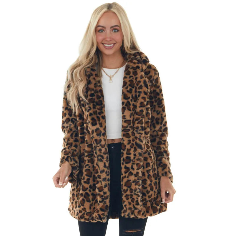 European and American autumn and winter leopard print women's clothing fashion temperament imitation fur women's clothing with p