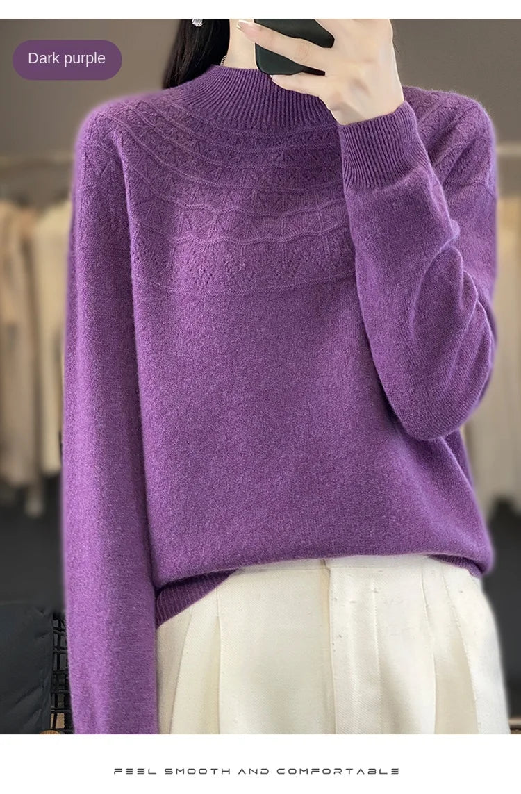 2024 New Line Of Garment Hollowed Out Half Height Women's High-grade Woolen Sweater 100% Pure Wool Multi-color Option WQ