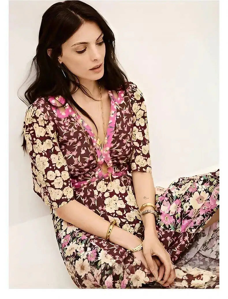 Waist Hollow out Women's Long Dress Deep V Short Sleeve 2025 Summer Lady Floral Printed Robe