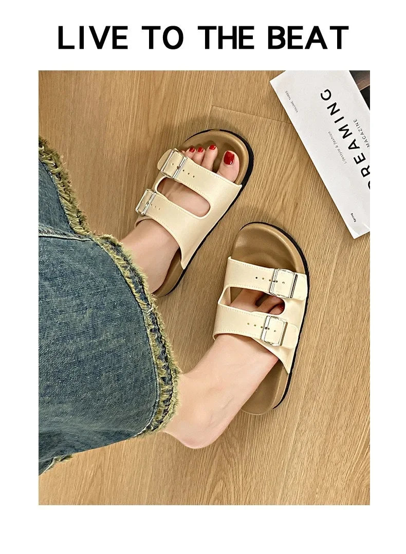 Women's Belted Sandals Roman Style PVC Material Open Toe Metal Decorated Flat Heels Spring Summer Outdoor Wear Fashionable Versa