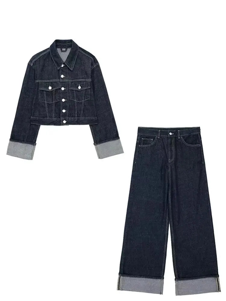 HH Women Vintage Denim Jacket Pant Sets Single Breasted Lapel Long Sleeve Coat Wide Leg Trousers Jeans High Street Outfits