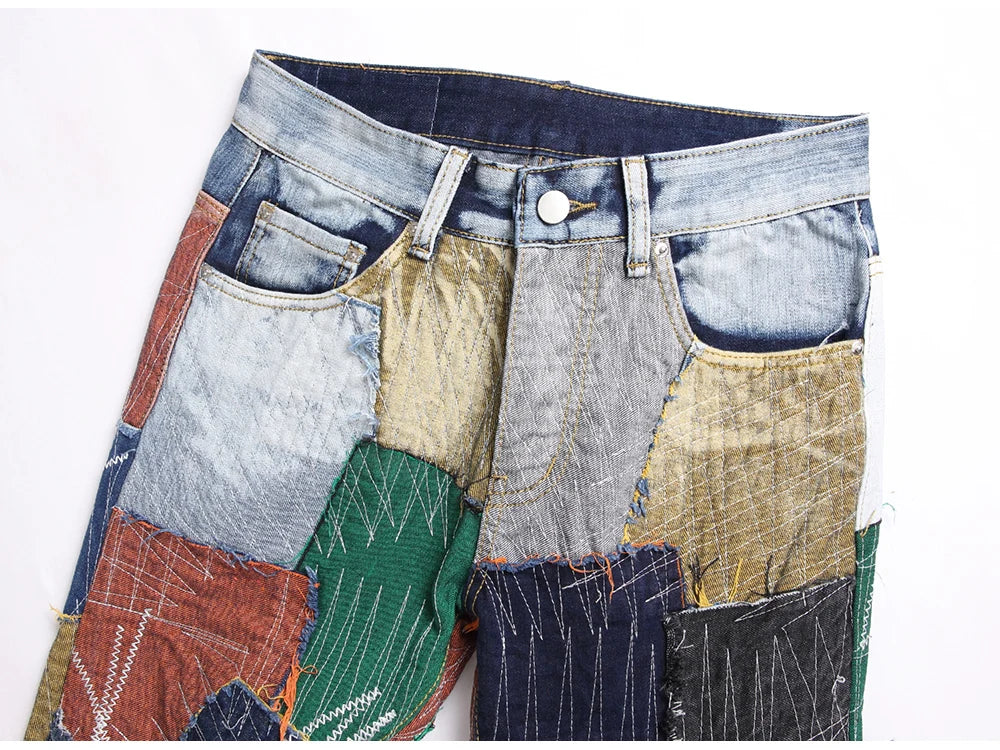 Men Patchwork Denim Jeans Release Hem Colorful Patches Embroidery Pants Non Stretch Cotton Slim Straight Trousers