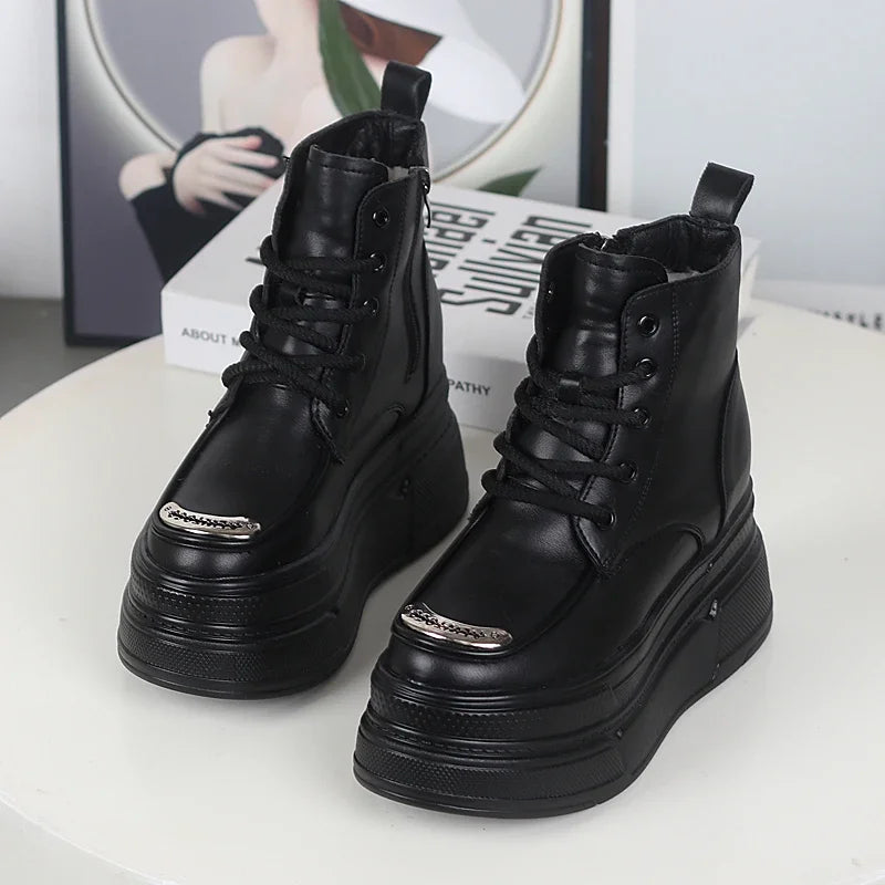 12CM Genuine Leather Winter Autumn Chimney Plush Spring Ankle Booties Fashion ZIP Women Moccasins Platform Wedge Shoes