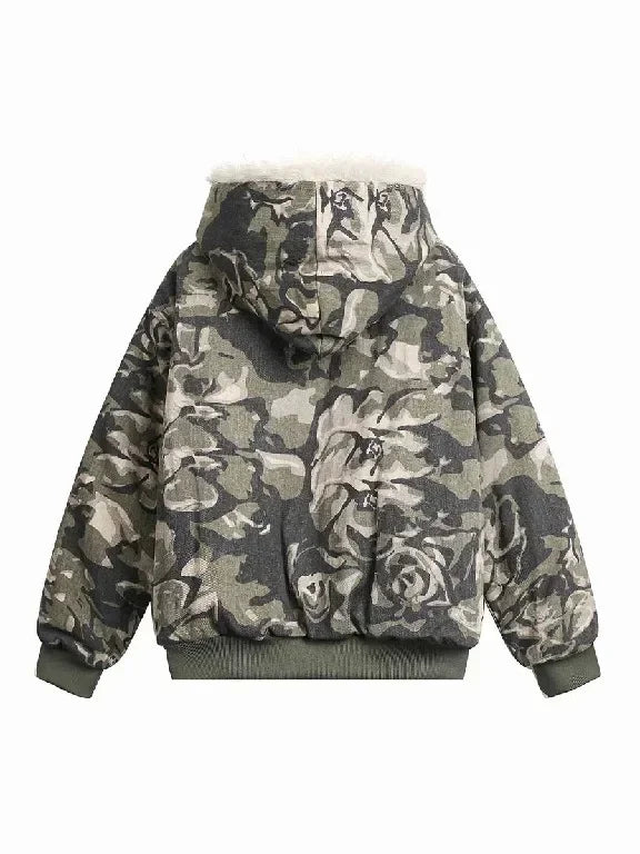 Street Style Warm Leaf Camouflage Plus Velvet Hooded Jacket Womens Mens Camouflage Zipper Jacket with Faux Fur Casual Coats