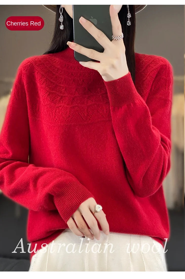 2024 New Line Of Garment Hollowed Out Half Height Women's High-grade Woolen Sweater 100% Pure Wool Multi-color Option WQ