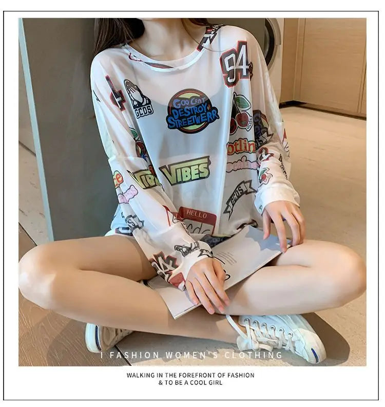 Women Letter Graphic Print Sexy Sheer Mesh Harajuku Y2K T Shirt Summer Trendy Long Sleeve Thin Tees Casual Streetwear Tops Ropa