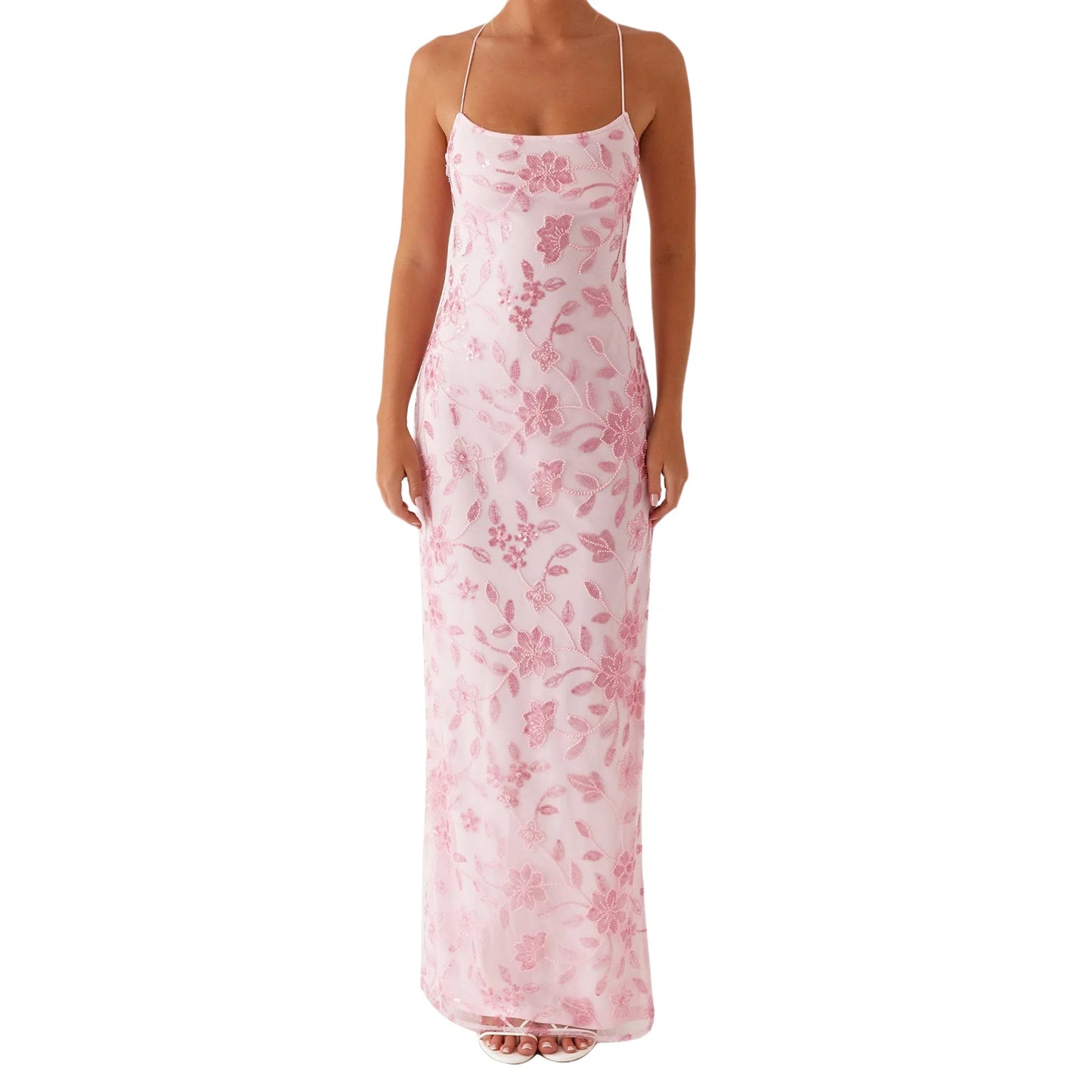 2025 Women Beaded Flower Cami Dress Slim Glitter Sequin High Split Spaghetti Strap Open Back Long Dress for Party Club Vestidos
