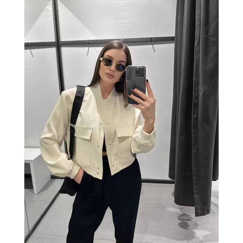 MUJER 2025 Woman Bomber Jacket White Autumn Winter Button Cropped Jackets for Women Fashion Long Sleeve Women Coats Outerwears