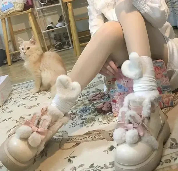 Cute Girls Beige Warming Fur Cross Tied Lace Up Ankle Boots Women Fashion Round Toe Flat Winter Snow Boots Shoes Lady