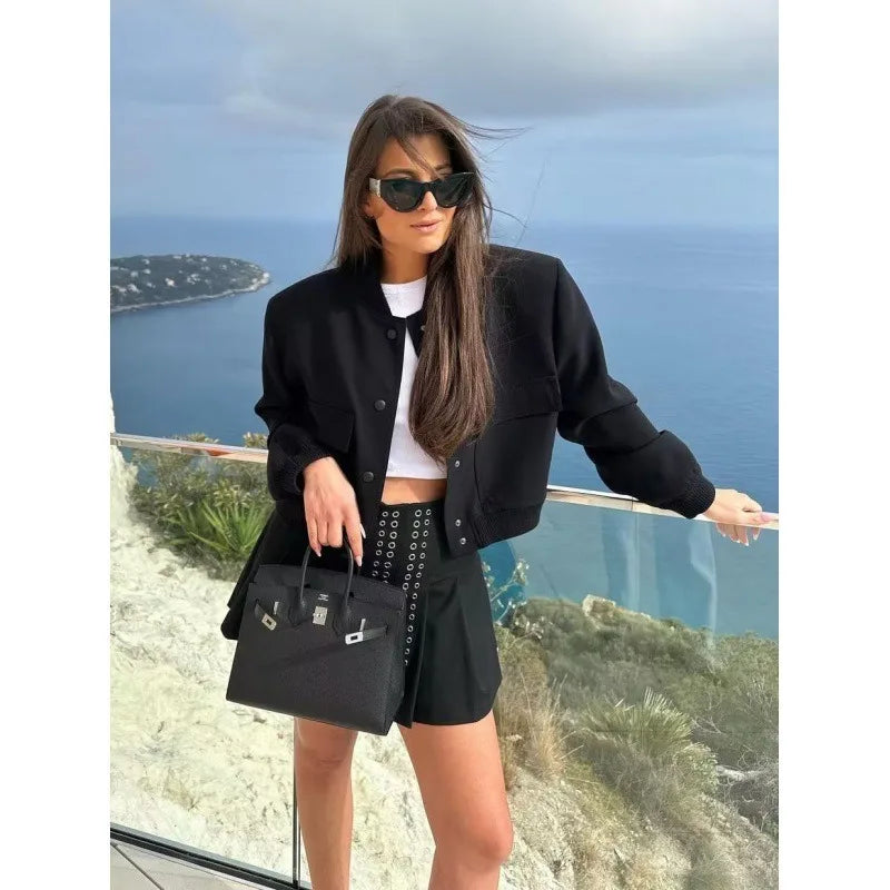 MUJER 2025 Woman Bomber Jacket White Autumn Winter Button Cropped Jackets for Women Fashion Long Sleeve Women Coats Outerwears
