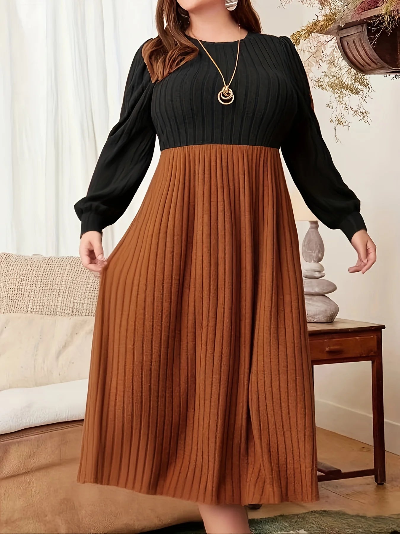 Autumn and winter style large size contrast color stitching long skirt round neck long sleeves slimming and elegant dress