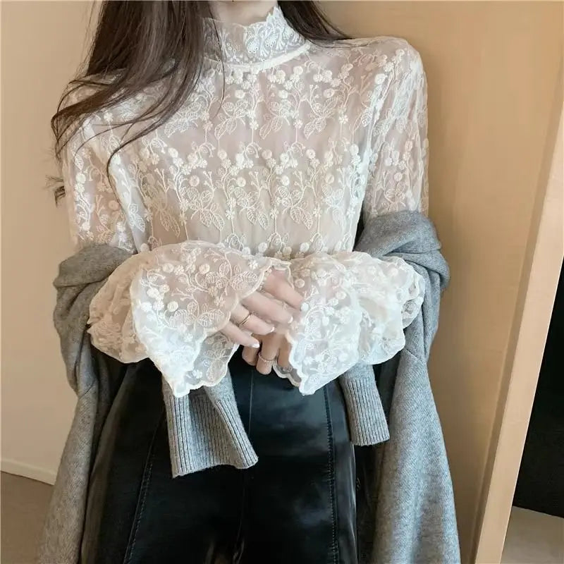 Lace Long Sleeve Shirts Women Plus-velvet Slim Basic Mock Neck Hollow Embroidery Autumn Winter Tops Gentle Elegant Chic Female