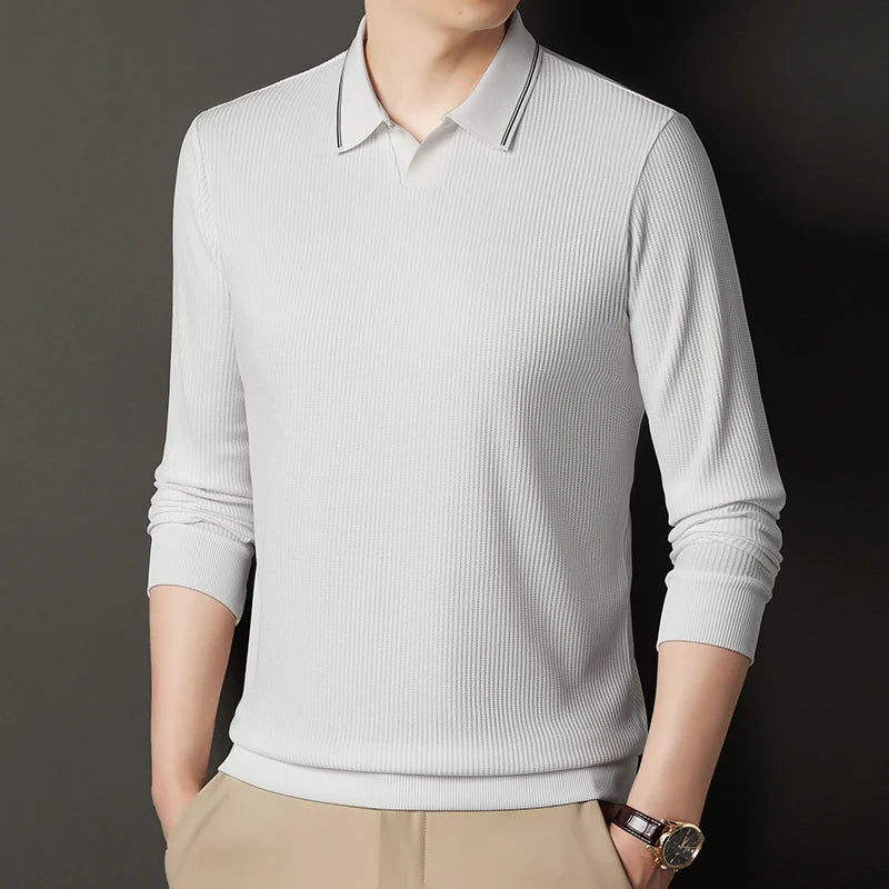 Spring and Autumn men's long sleeved T-shirt, polo shirt, casual trend, casual solid color, V-neck elastic, no heat T-shirt