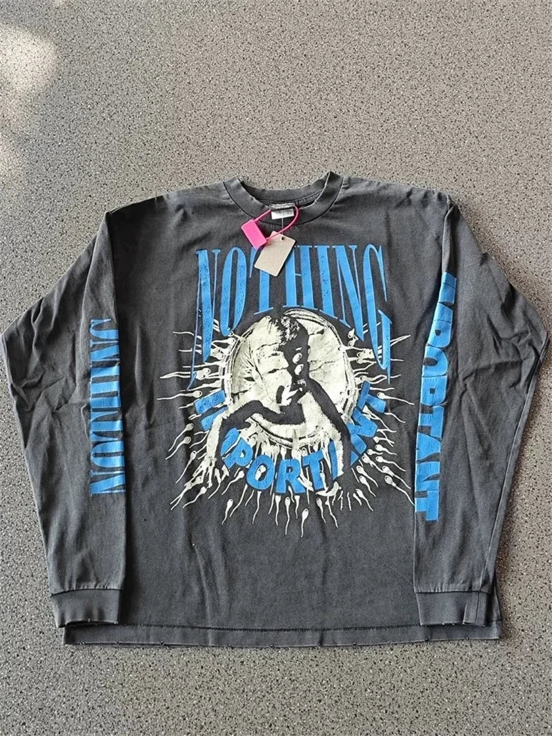 25SS Pure Cotton Saint Michael Long Sleeved T Shirts Men Women 1:1 Washed Black Manga Character Print Hoodies