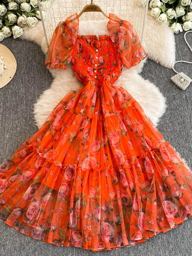 Summer Women Floral Mesh Midi Dress Sweet Square Collar Short Puff Sleeve Ruffle Vestidos Female Elegant Purple/Green/Red Robe