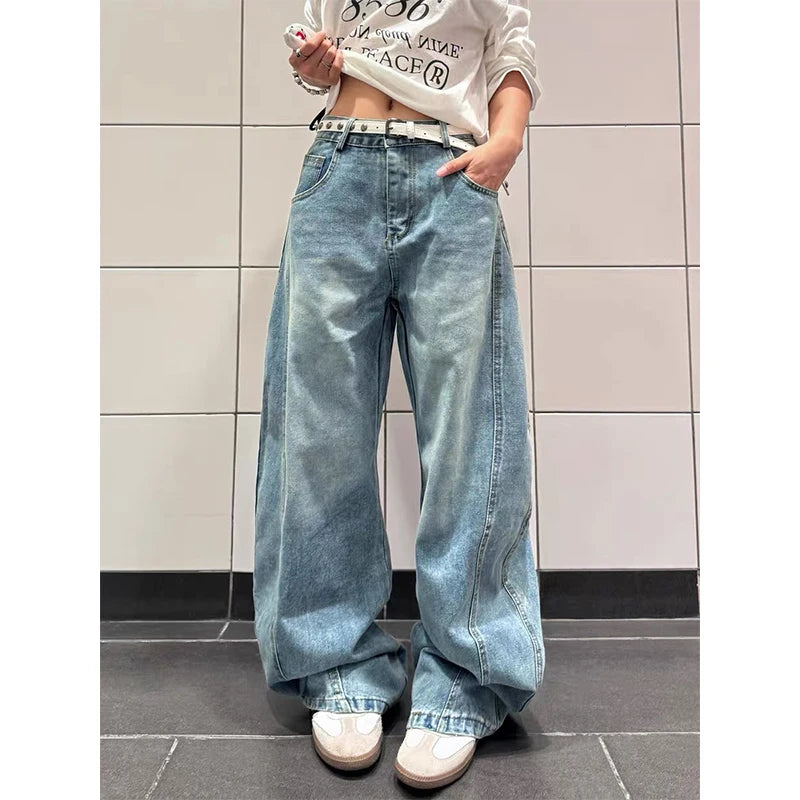 Autumn Women's Blue Y2k Baggy Jeans Harajuku Vintage Printing Denim Trousers Japanese 2000s Style Jeans Pants Oversize Clothes