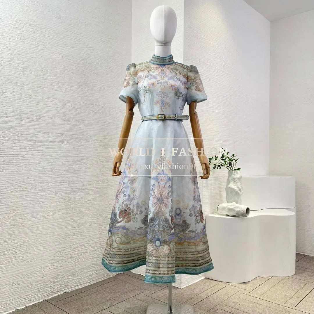High Quality Blue Paisley Print Short Sleeve Stand Collar Midi Dress