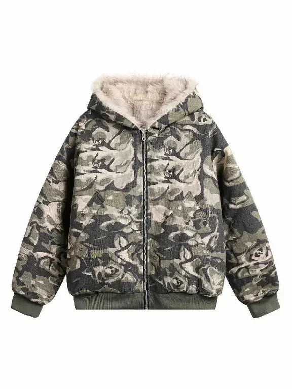 Street Style Warm Leaf Camouflage Plus Velvet Hooded Jacket Womens Mens Camouflage Zipper Jacket with Faux Fur Casual Coats