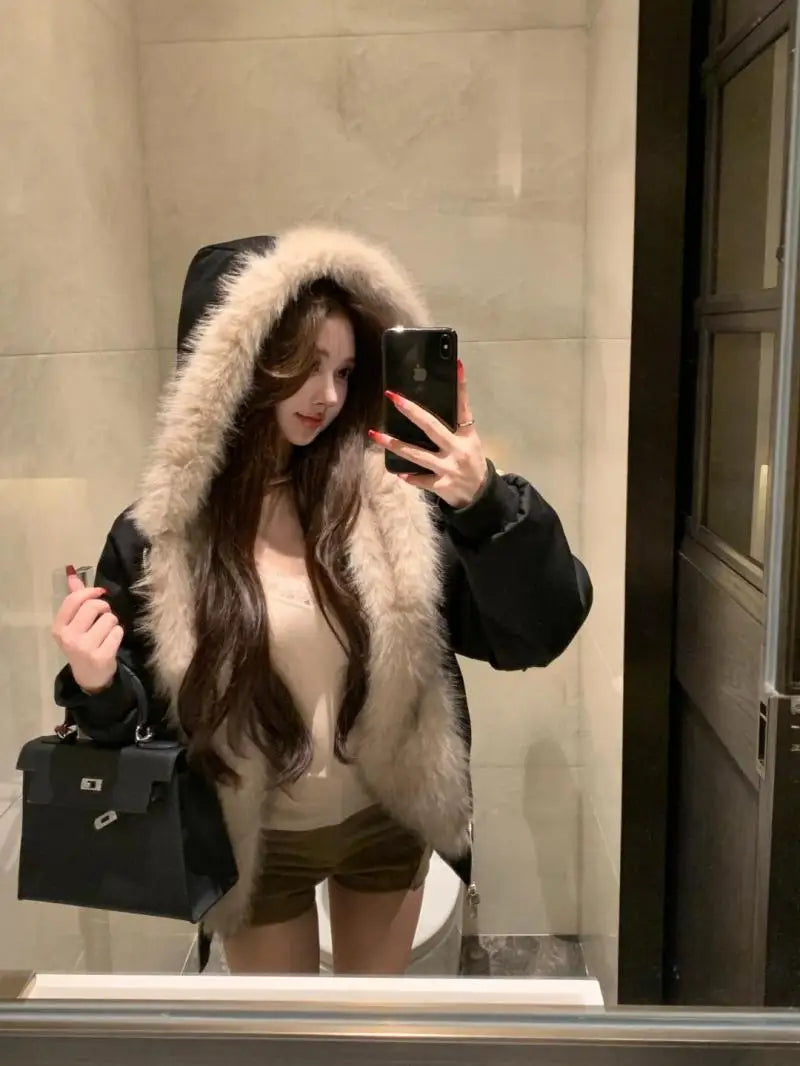 Double-Sided Warm Fur Coat Women Autumn Winter Loose Thicken Plush Cotton Coat 2025 New Women Hooded Imitation Mink Fur Outwear