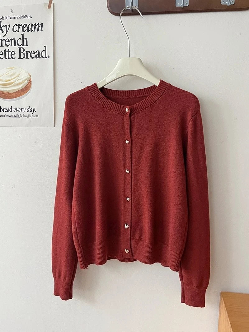Autumn Winter 2025 New Women's Retro Love Small Gold Buckle Cardigan Female Casual Solid Long Sleeve Slim Knitted Sweater