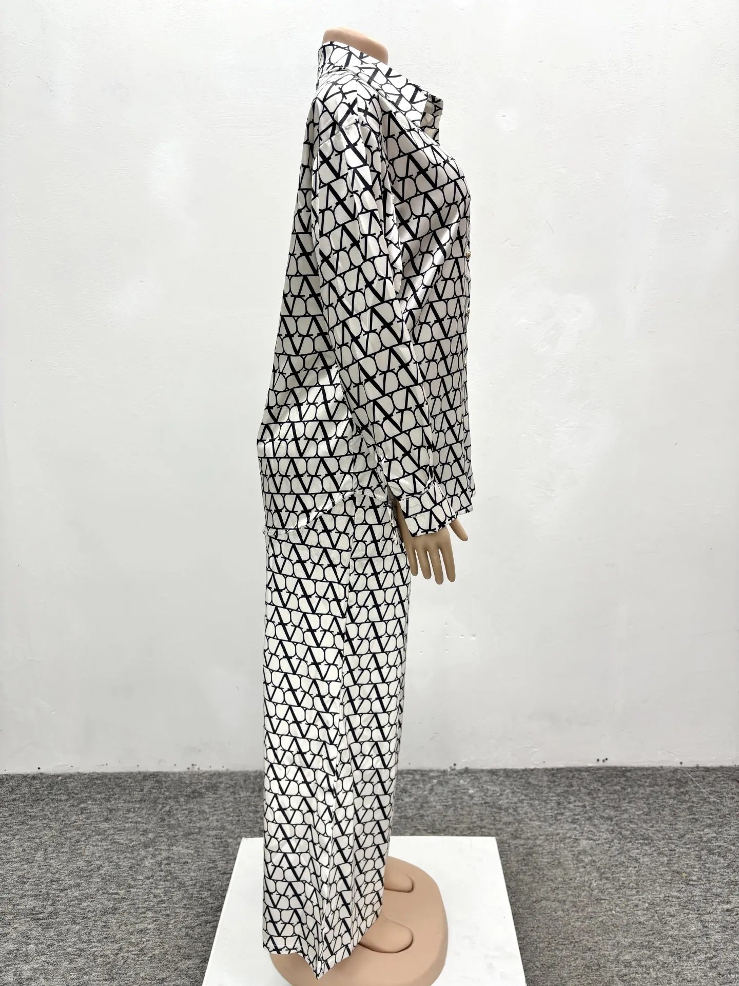 Autumn Fashion Set Woman 2 Piece Printing Long Sleeves Lapel Shirt High Waist Loose Wide Leg Pants 2025 Pant Sets Female Outfit